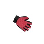 Textile and rubber glove, for brushing pets, red color, left hand